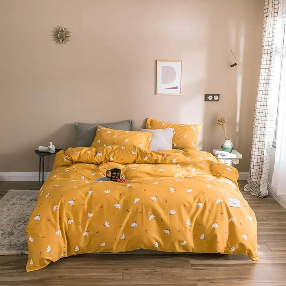 

Nordic Birds Cherry Yellow INS Bedding Sets Twin Queen King Flat Sheet Fitted Sheet High Count Cotton Bedlinens Duvet Cover Set