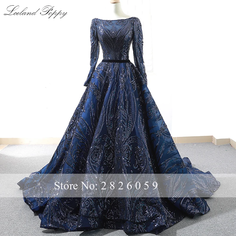 Lceland Poppy Luxury A-line Sequins Evening Dresses Scoop Neck Long Sleeves Floor Length robe de soiree Formal Evening Gowns