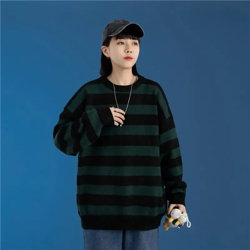 Moda verde e preto listra camisola de malha masculina e feminina outono inverno em torno do pescoço casual tendência pulôver vestuário