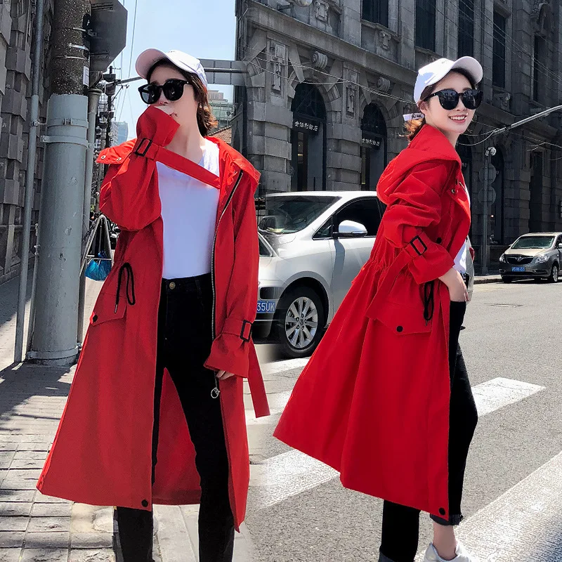 

Trench Coat Women's Mid-length Korean-style 2019 New Style Spring And Autumn Bright Red Large Size Students Loose-Fit CHIC Coat