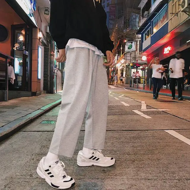 Для мужчин Harajuku однотонные штаны Для мужчин платье в Корейском стиле Модные бегуны брюки мужские спортивные штаны Хай-стрит Повседневное сезон: весна–лето брюки - Color: Gray