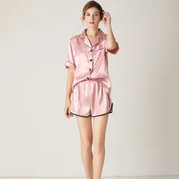 

2020 Summer Short-sleeved Shorts Pajamas Set Imitation Silk Pajamas Cardigan Loose Home Service Pyjamas Women Pajamas for Women
