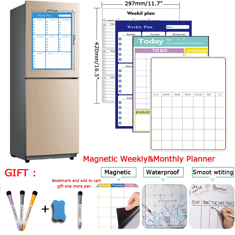 

6 Styles Dry Erase Magnetic Weekly&Monthly Planner Calendar Whiteboard Message Drawing Fridge Bulletin kids White board A3 Size