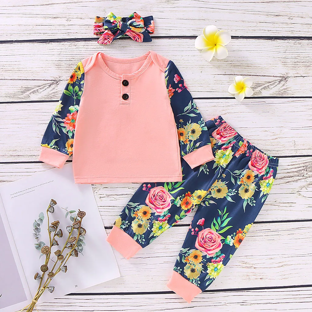 Newborn Baby Girl clothes Set Cotton Print Long Sleeve Floral Tops+Pants+Headband 3Pcs Outfit Autumn infant Toddler Girl Clothes