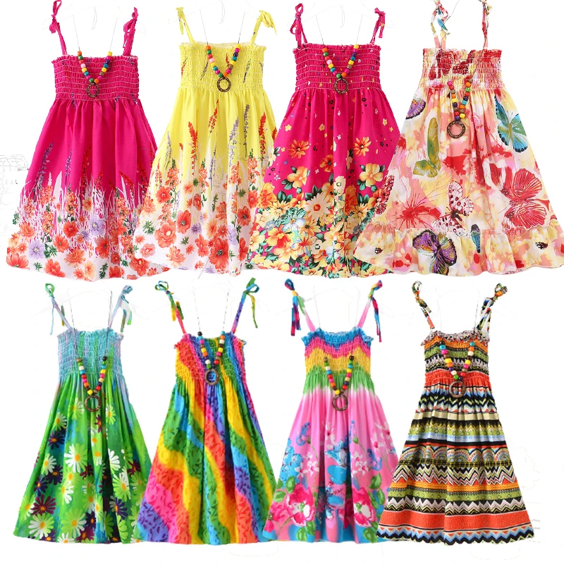Summer Girls Floral Dress Sling Ruffles Bohemian Beach Princess Dresses For Girl Clothing 2 6 8 12 Years With Necklace Gift Girls Dress Princess Costume