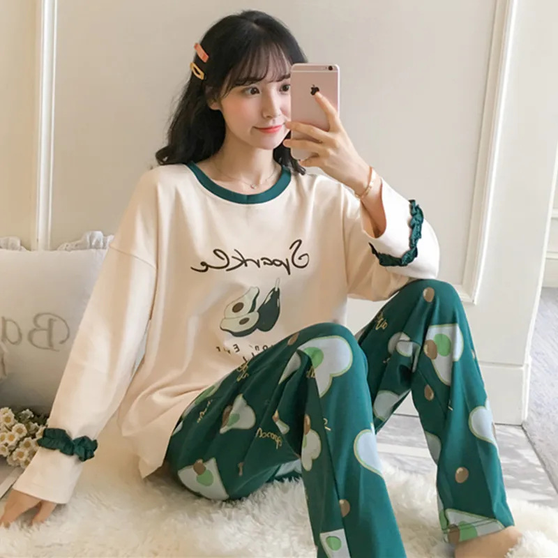 

Pajamas Women's Spring And Autumn Long Sleeve Pure Cotton Korean-style Students Cute Avocado Two-Piece Set Thin-Outer Wear Track