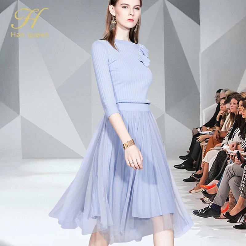 Light blue H Han queen Зимняя мода 2 шт. трикотажные сетчатые платья женские Подиумные элегантные оборки тонкое платье А-силуэта вечерние платья в повседневном стиле - Цвет: Light blue