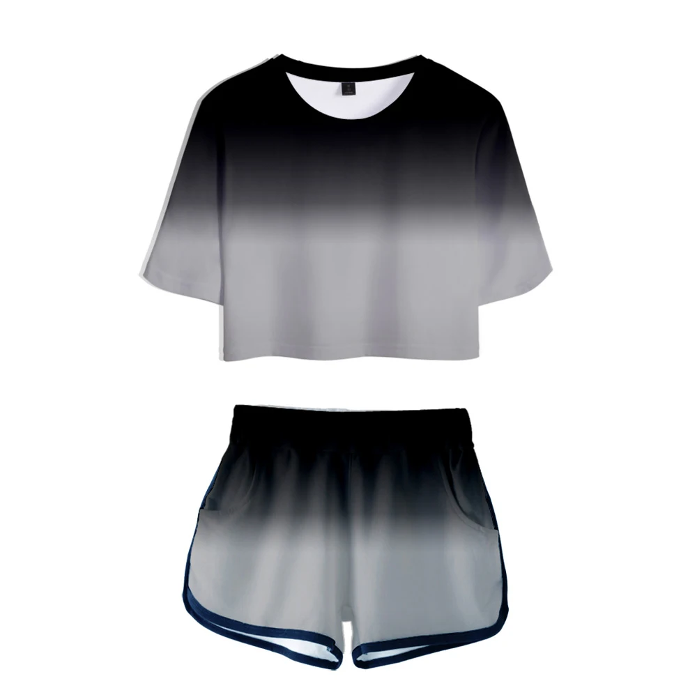 

Fashion Design Navel T Shirt Two-piece Set + Shorts Lady Sexy Navel T-shirt 3D Printing Gradient Texture Streetwear Set Quality
