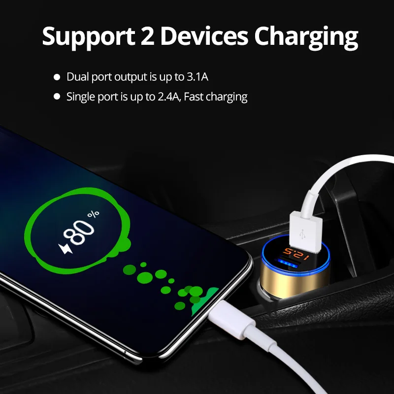 Автомобильное зарядное устройство FONKEN Usb, 2 порта, автомобильное зарядное устройство для мобильного телефона, светодиодный дисплей, Автоматическая быстрая зарядка, универсальный адаптер Micro type C Usb