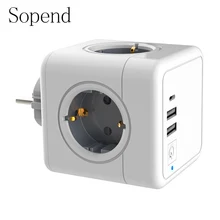 Sopend cinza tiras de energia tomada extensão ue com multi tomada 4 portas inteligentes powercube 16a 3640w com interruptor e tipo c