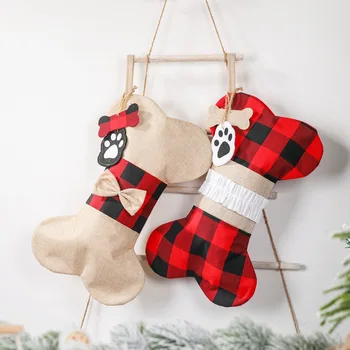 

Christmas decorations linen Christmas socks gift bags checkered bones pet Christmas decoration socks Christmas tree decorations