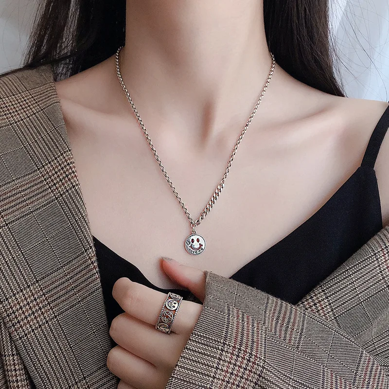 

925 Silver Smiley Necklace Simple Short Sweater Chain Retro Thai Silver Hong Kong Style Choker Women's Fashion Non-mainstream