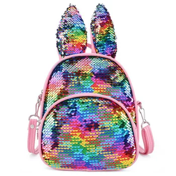 

Girl Women Mini Sequins Backpack Shoulder Travel Bag For School Portable Party Bling Shiny Rabbit Ear Backpacks Children Bagpack