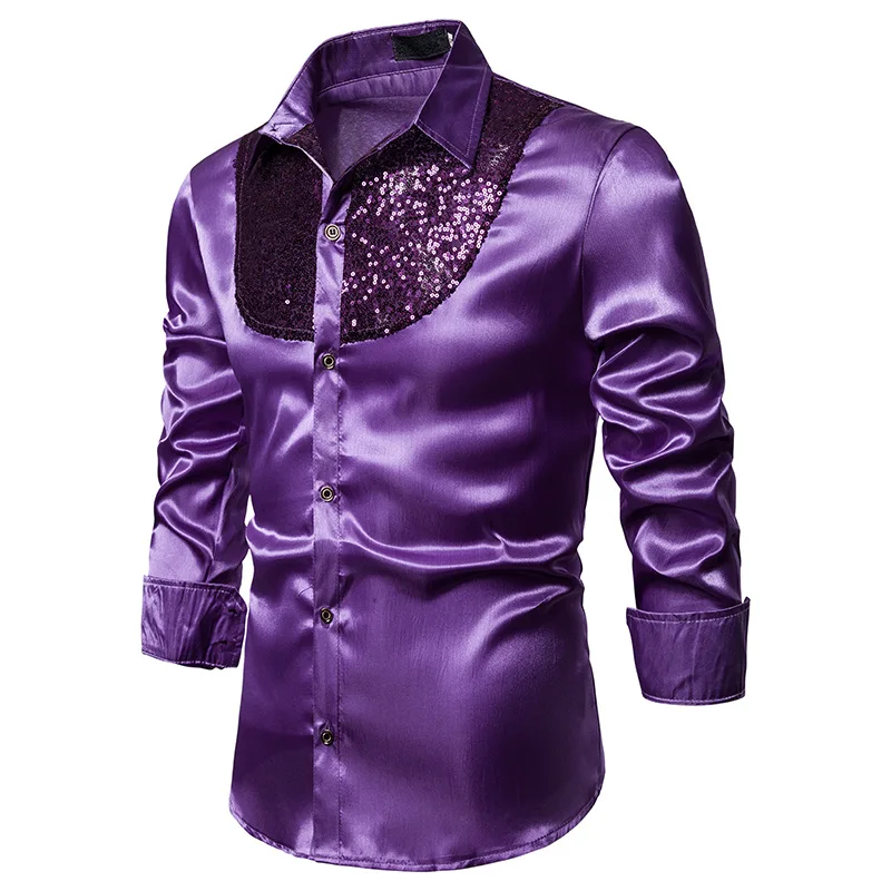Men's Luxury Sequin Glitter Shirt Purple New Silk Satin Chemise Homme Night Club Stage Disco Party Shirts Camisas Masculina