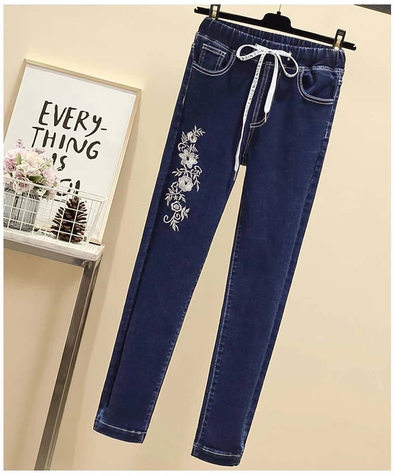 Женские джинсы размера плюс, эластичные джинсы с вышивкой, супер эластичная резинка на талии, обтягивающие колготки, узкие джинсы