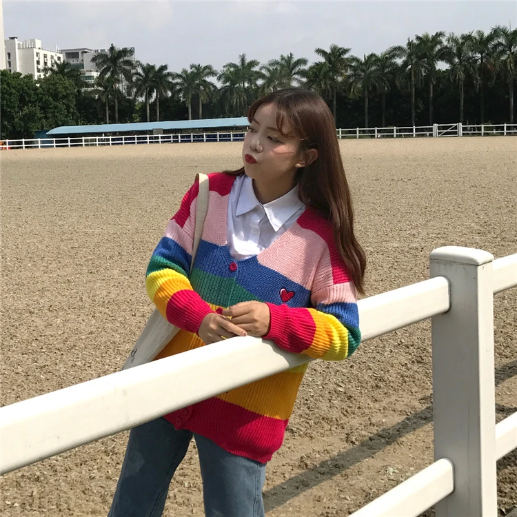 Женский свитер Kawaii Ulzzang, Радужный полосатый кардиган с вышитыми буквами, вязаные женские свитера в стиле Харадзюку для женщин