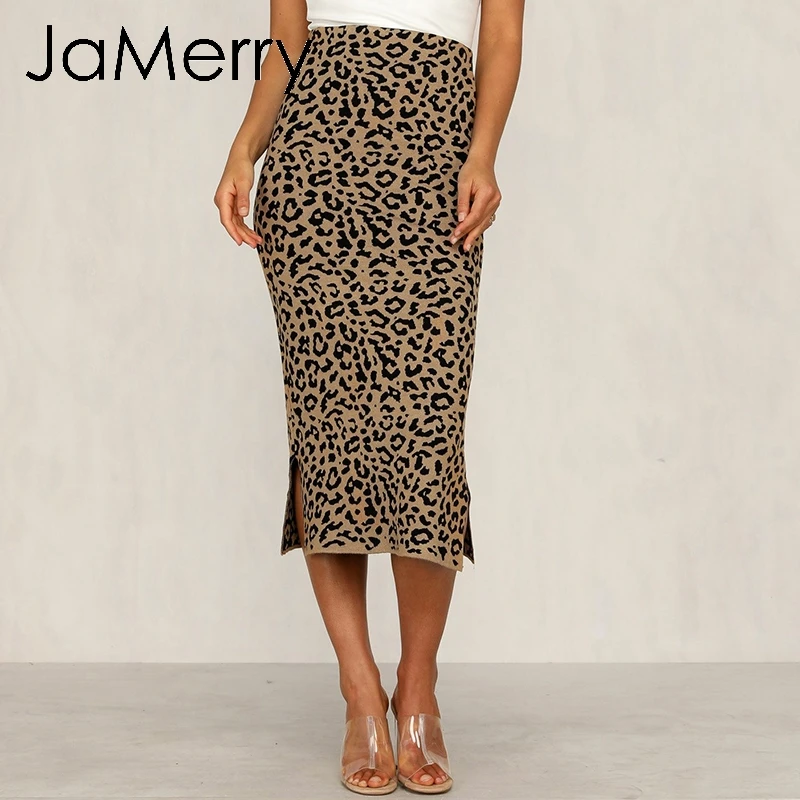 

JaMerry Vintage leopard print knitted women midi skirt High waist autumn winter sweater skirt Leisure party ladies bottom skirt