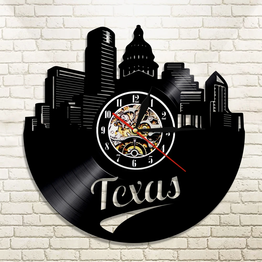 Texas Skyline Виниловая пластинка настенные часы США Даллас силуэт современные настенные часы городской пейзаж декоративные часы подарок путешественникам
