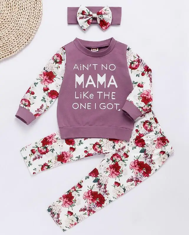 Baby Girl 6M-3T Ain't No Mama like the one I got printed Sweatshirt Top+ Flower Pant+ Headband 3PC outfits - Цвет: Фиолетовый