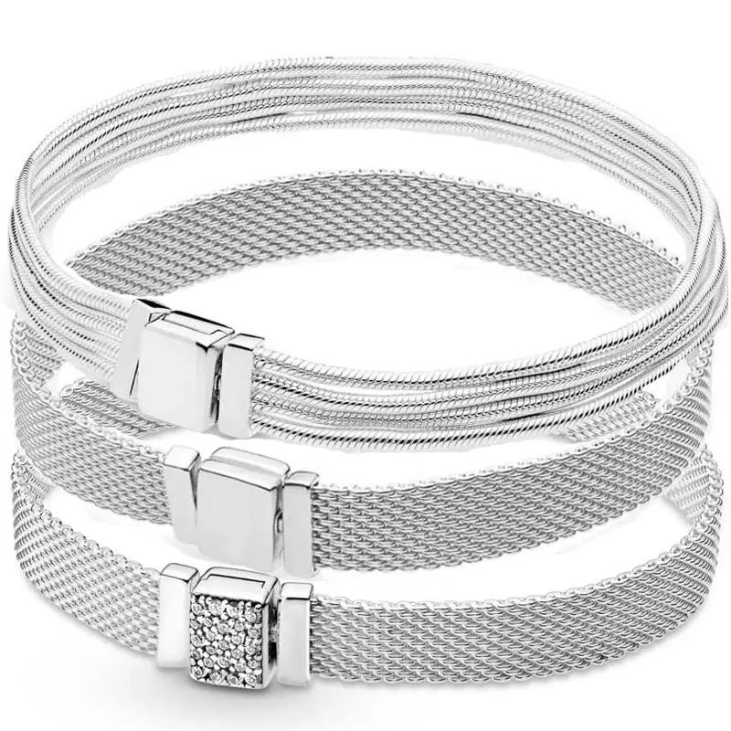 

100% 925 Sterling Silver Reflexions Woven Mesh Sparkling Clasp Multi Snake Chain Bracelet Fit Europe Bangle Bead Charm Jewelry