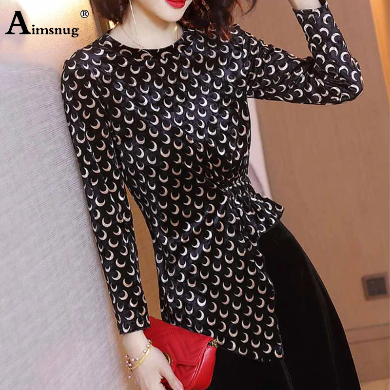 

Aimsnug Plus Size 3xl Gold Velvet Female 2019 Autumn New Tops Retro Print Women Long Sleeve O-neck Slim Irregular T-shirt