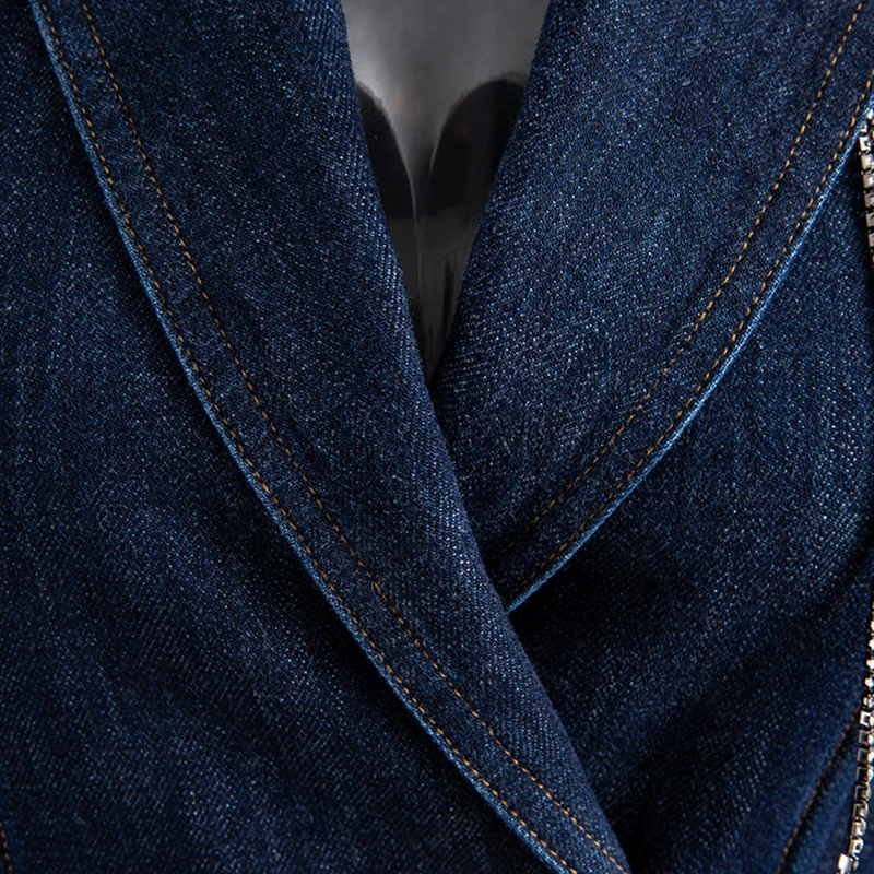 GALCAUR Patchwork Crystal Tassel Women's Blazer Notched Long Sleeve Double Breasted Tunic Denim Coats Female Fashion New