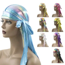 Venda quente alta impressão elástica de seda bonnets moda longa cauda pirata chapéu multicolorido sedoso durag