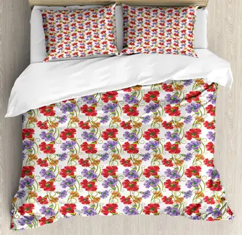 

Spring Duvet Cover Set Vivid Flowers Floral Damask 3 Piece Bedding Set Scarlet Lavender Blue Burnt Orange and Lime Green
