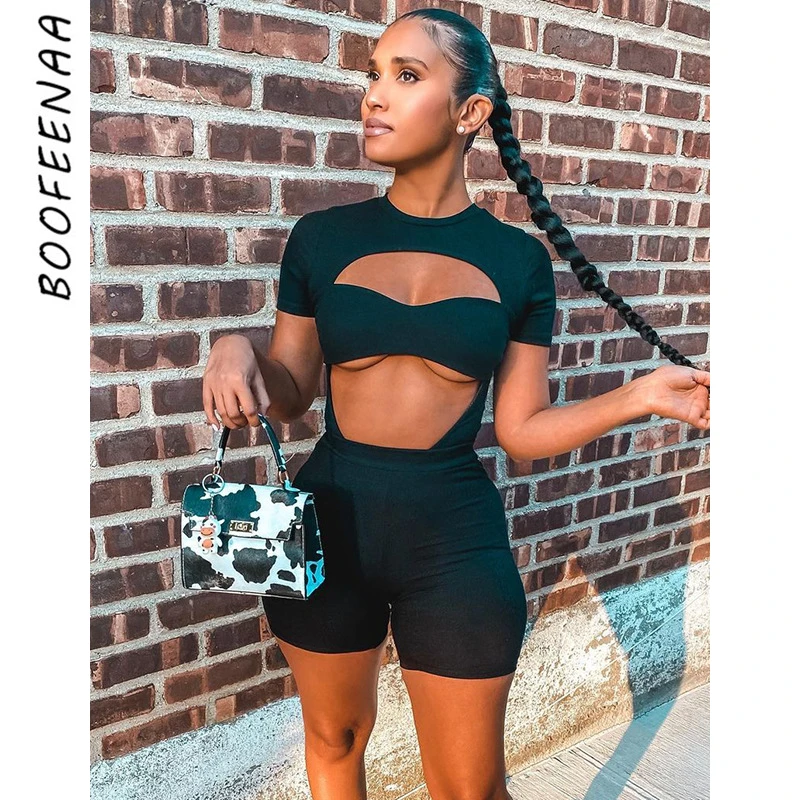 BOOFEENAA Sexy Sport Cut Out Bodysuit Top Biker Shorts Sets Womens Summer Clothing Athleisure Black Rib Knit 2 Piece Set C85CF29 1