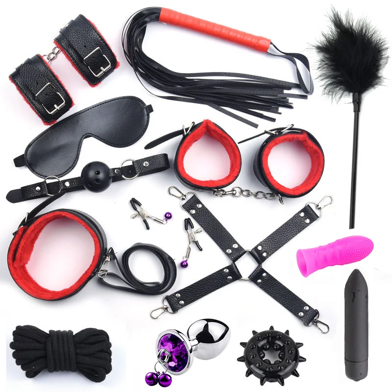 

14 PCS Metal Anal Plug Bdsm Bondage Sex Toys for Woman Adult Games Leather Sex Handcuffs Whip Mouth Gag Vibrator For Coup