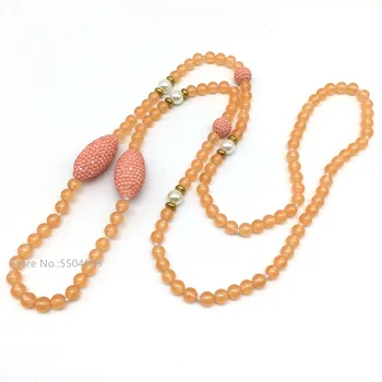 

Hot sale natural stone dyed orange jades chalcedony 6mm round beads necklace pink rhinestone beads pearl spacer jewelry necklace