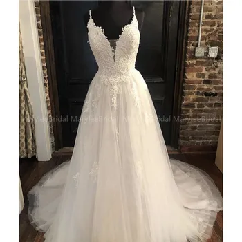 

Elegant A-line Robe de mariage White Ivory Wedding Dresses Appliques Spaghetti Straps Bridal Dresses Backless Vestido De Noiva