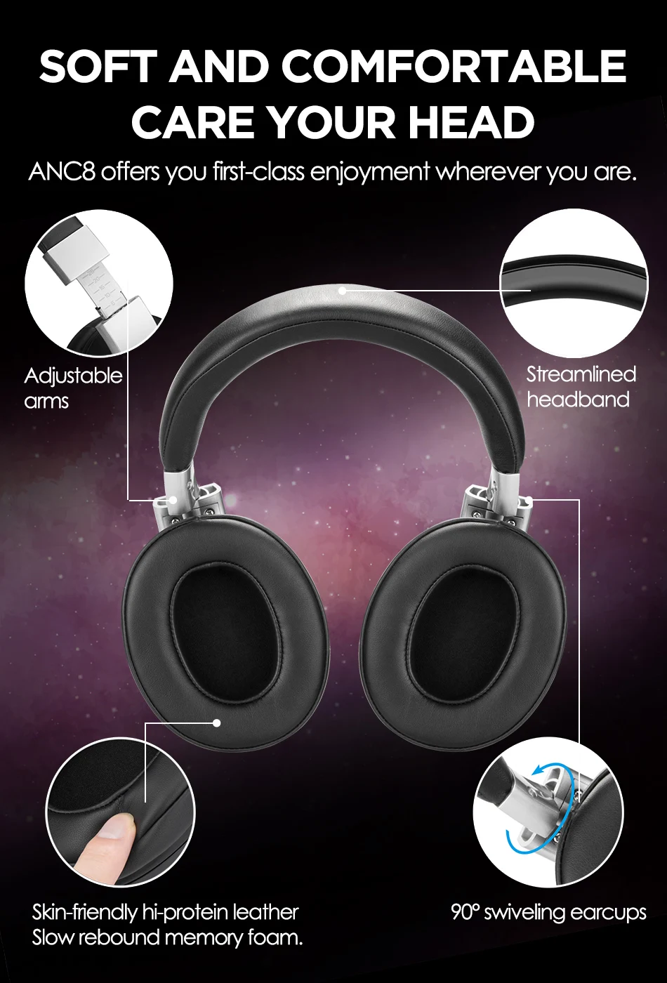 AUSDOM ANC8 Active Noise Cancelling Wireless Headphones Bluetooth Headset with Super HiFi Deep Bass 20H Playtime for Travel Work