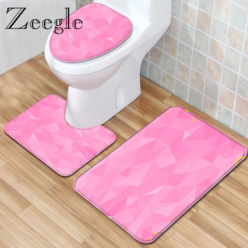 Zeegle Printed Bath Mat Set Flannel Toilet Mat Set Bathroom Mat Carpet Living Room Decoration Rug Anti-slip Absorbent Toilet Mat