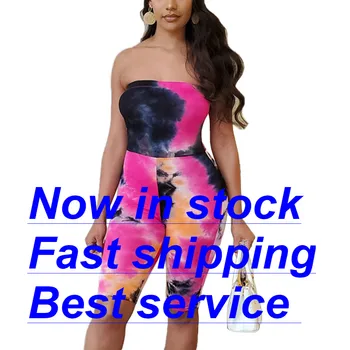 

Womens Strapless Tube Jumpsuit Tie Dye Print Off Shoulder Sleeveless Bodycon Short Romper Catsuit