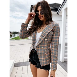 Senhoras manga longa jaqueta xadrez botão de metal duplo breasted terno jaqueta outono temperamento casual moda pequeno terno