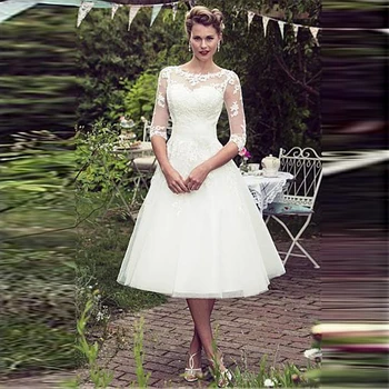 

Fabulous Scoop Neck Half Sleeves A-Line Wedding Dresses Natural Waistline Short Tea Length Bridal Gowns Custom Made Spring