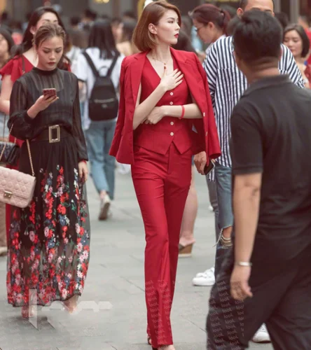 Red 3 Piece Women Formal Party Evening Suits Ladies Blazer Waistcoat Pants Suits Ladies Work Blazer Outfit Pantsuit