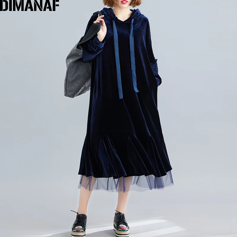  DIMANAF Plus Size Women Dress Autumn Winter Velvet Hooded Fashion Lady Vestidos Spliced Mesh Female
