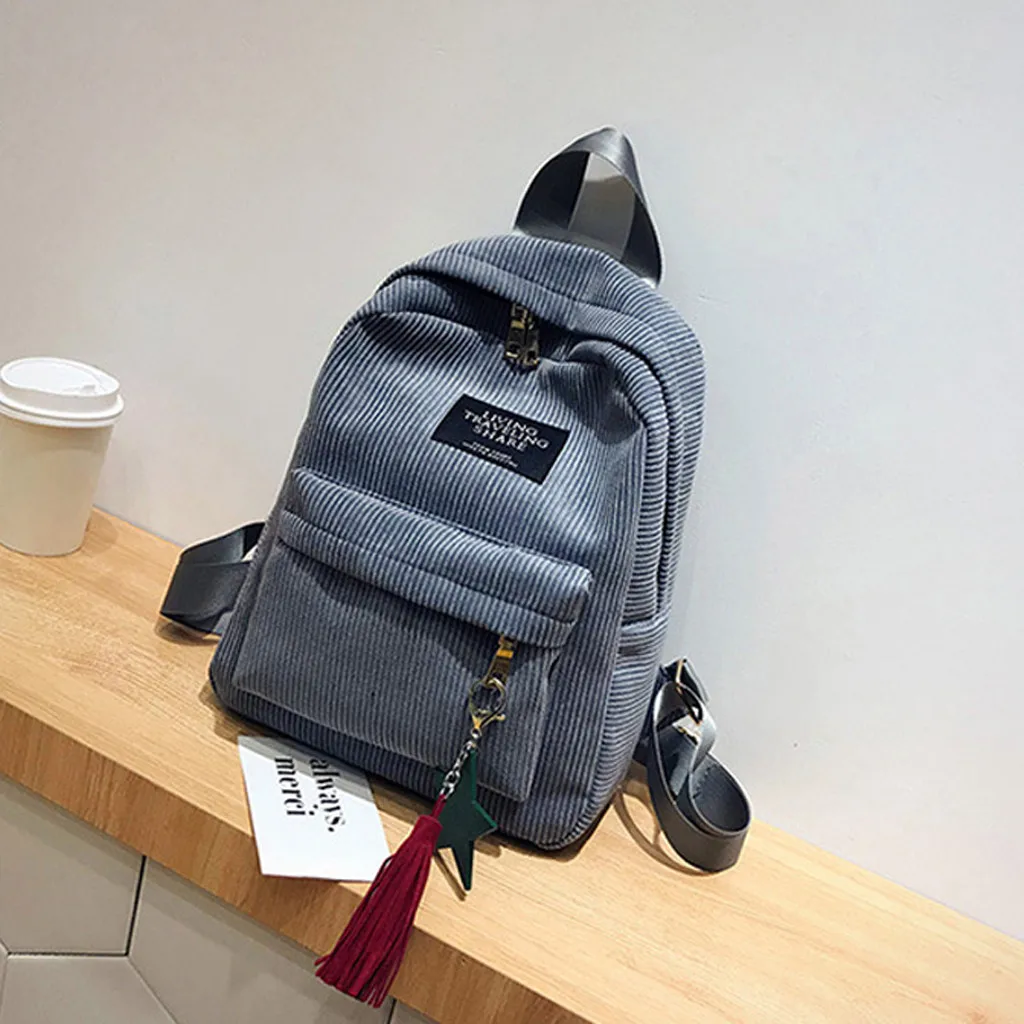  Fashion Corduroy Backpack Style Soft Fabric Female Pure Colour Student Bag School Vintage Women Str - 4000116021359
