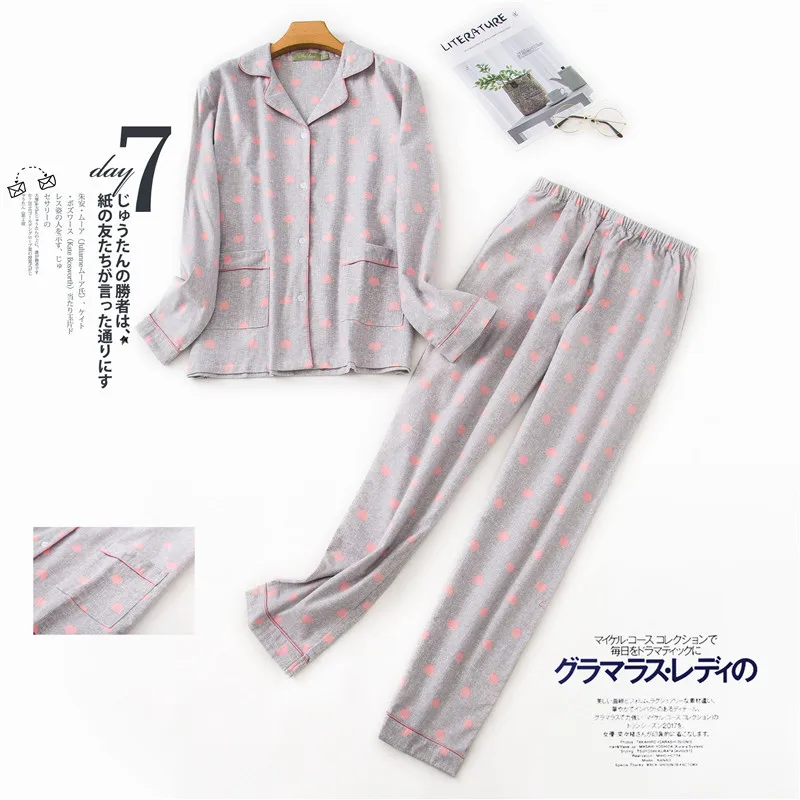 Женские пижамы из хлопка, 2 предмета, пижамы с длинными рукавами, брюки, одежда для сна, осенне-зимняя Пижама, Женская домашняя одежда с рисунком - Цвет: Gray heart