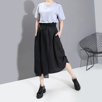 

Women Skirt 2020 New Summer Japanese and Korean Women's All-match Patchwork Striped High Waist A- Line Solid Mid Calf Skirts