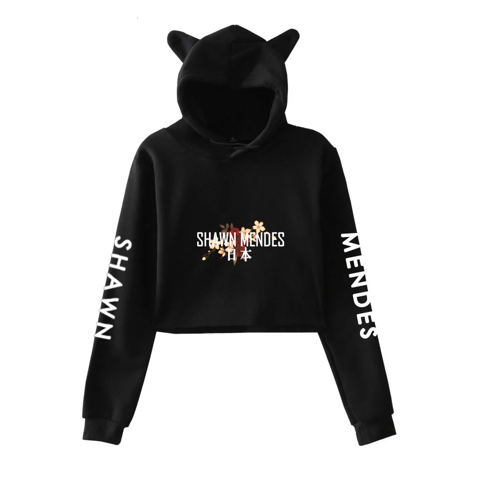 Shawn Mendes худи с кошачьими ушами Толстовка укороченный топ Kawaii кофты повседневные Harajuku Женская одежда с длинным рукавом для девочек топы