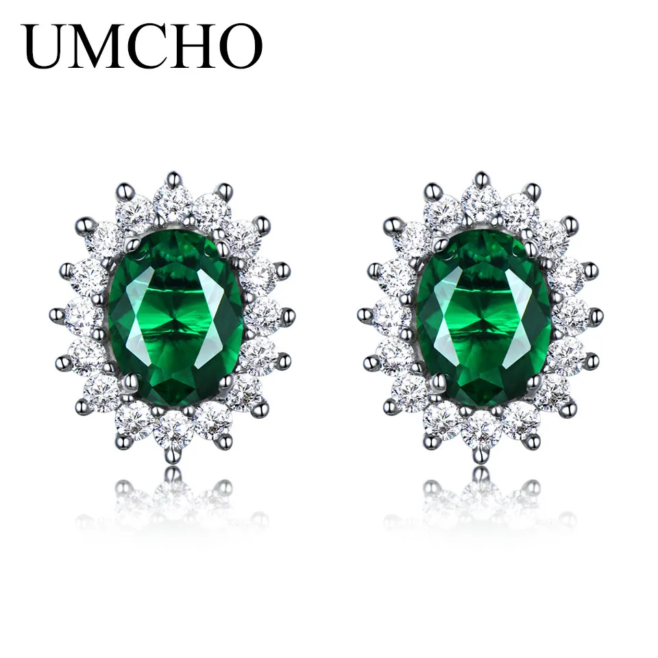 UMCHO роскошные серебряные серьги из натуральной 925 пробы для женщин, синий сапфир, Диана, ювелирные изделия для свадебной вечеринки, романтический подарок, хорошее ювелирное изделие - Цвет камня: Emerald