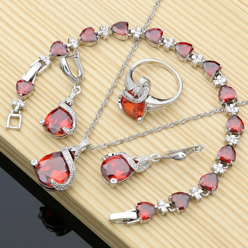 Комплект свадебных украшений из серебра 925 пробы с красным фианитом женские