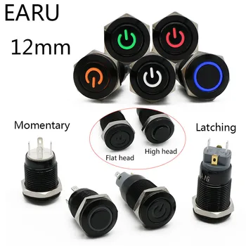 

12mm Alumina Black Flat High Head Waterproof Metal Push Button Switch LED Light Momentary Latching Car Engine PC Power Switch 5V