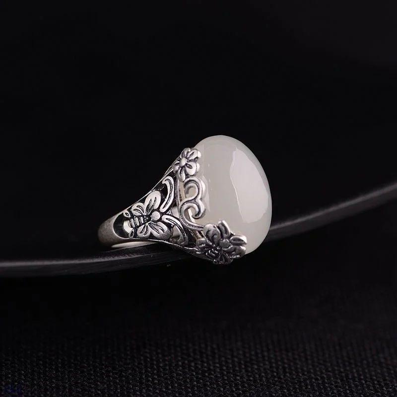 New SNew Sterling Silver Butterfly Love Flower Natural Green Chalcedony Female Retro Gemstone Jade Open Ring | Украшения и