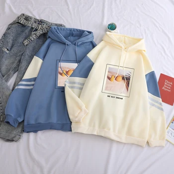 

Cute Fruit Hoodies Letter We Buy Dream Print Fashion Women Fleece Solid Long Sleeve Pullover Patchwork Harajuku Female Tops