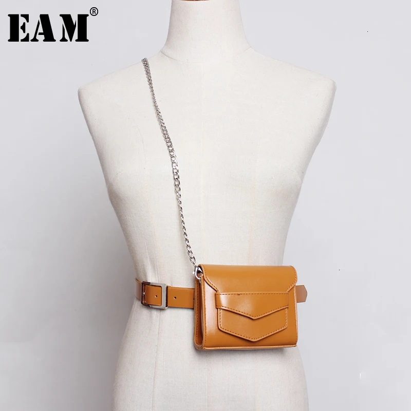 

[EAM] Pu Leather Black Mini-bag Chain Split Joint Long Belt Personality Women New Fashion All-match Autumn Winter 2019 1D808