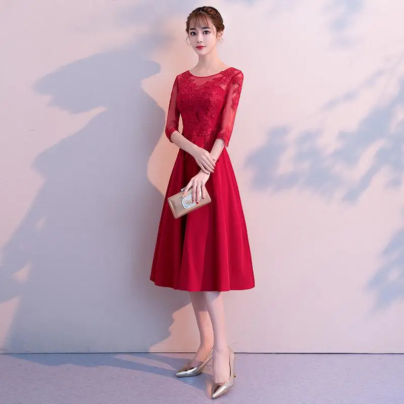 Платье Cheongsam высокого качества, сексуальное платье невесты с круглым вырезом, тонкое длинное банкетное женское традиционное китайское платье невесты - Цвет: Burgundy B